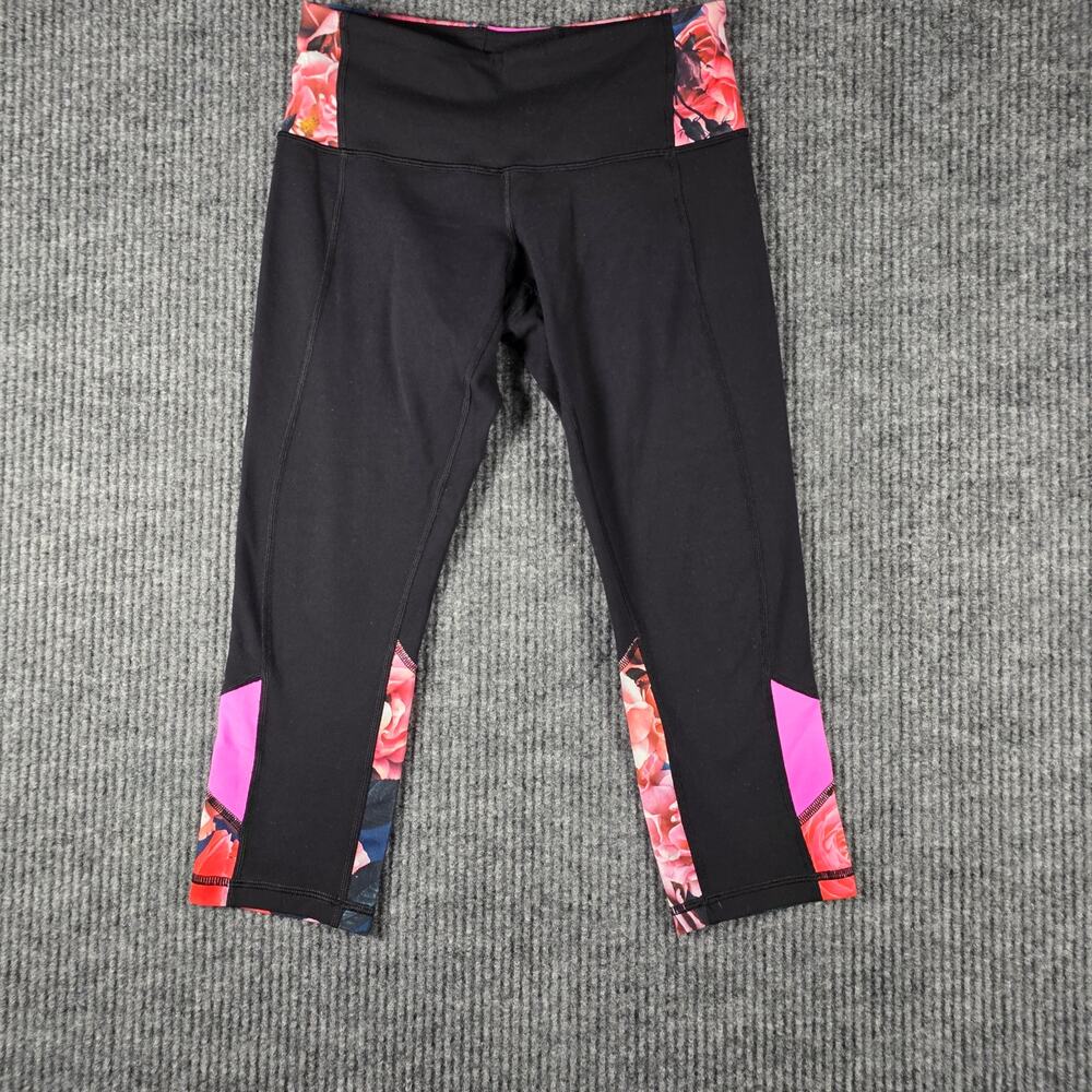 Lululemon‎ Crop Leggings Black Floral Pink Panel Womens Size 4